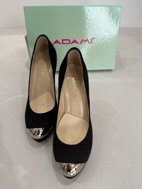 Adami Black Suede Platform Heels with Silver Cap Toe Size 37